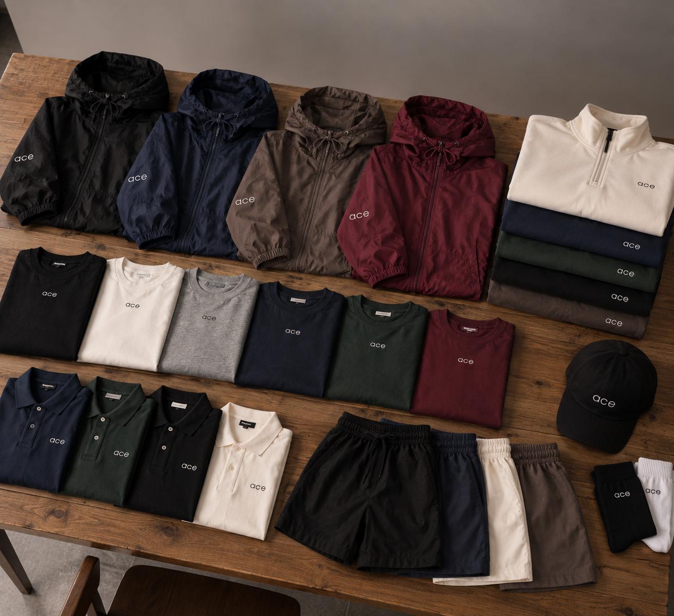 Ace Club garments arranged in a small production collection