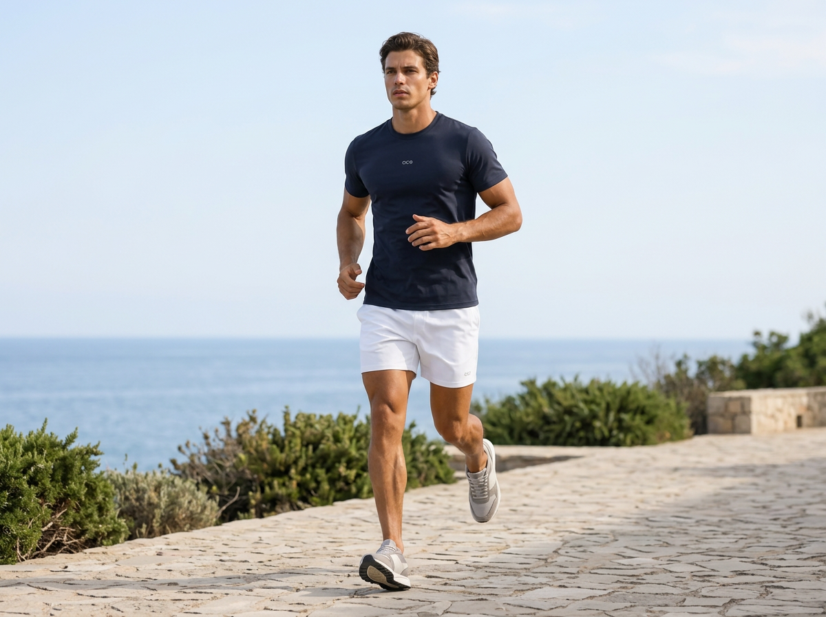 Man running beside the sea in the navy Ace Performance T-Shirt and white Jogger Shorts